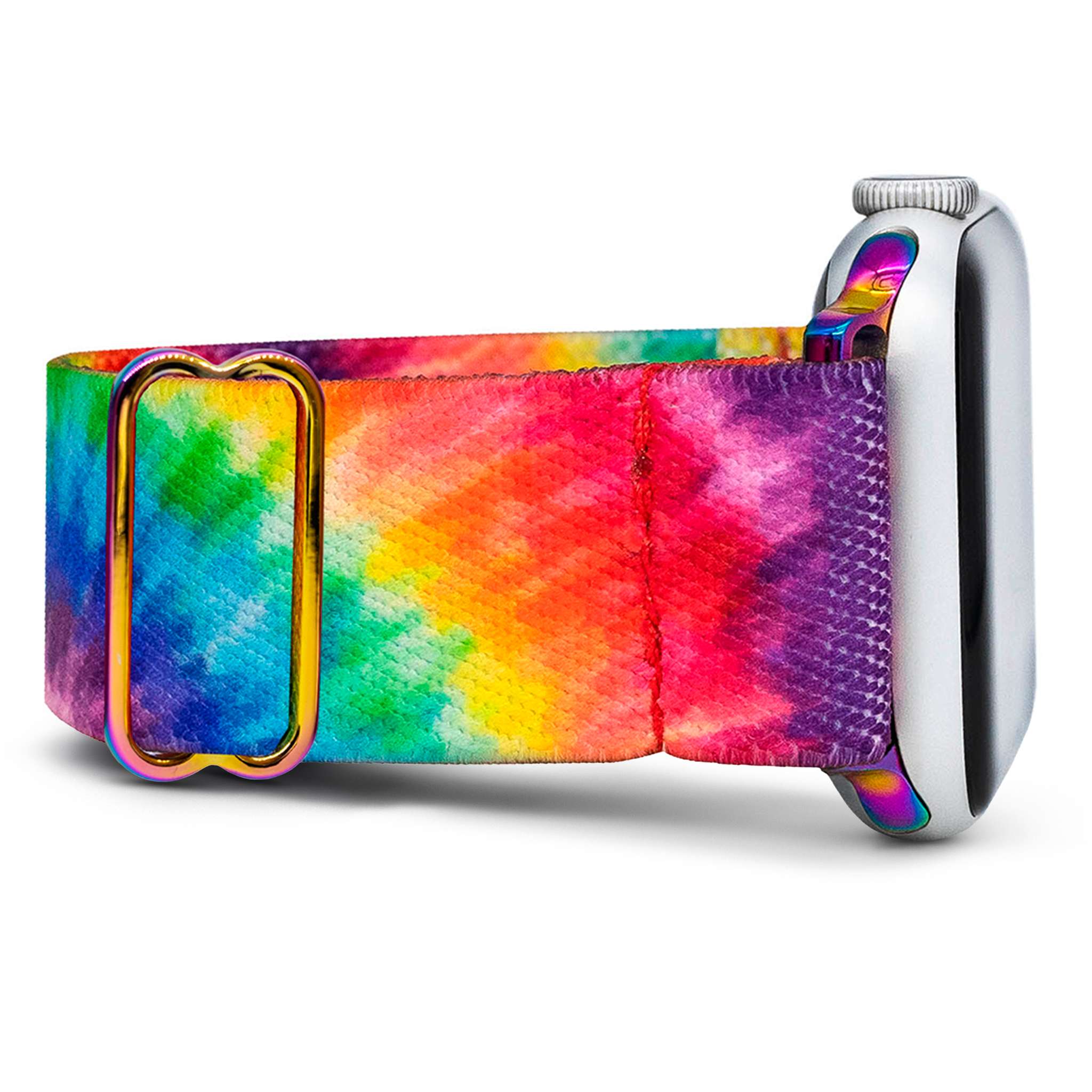 Colorful rainbow-pattern watch band attached to a smartwatch.